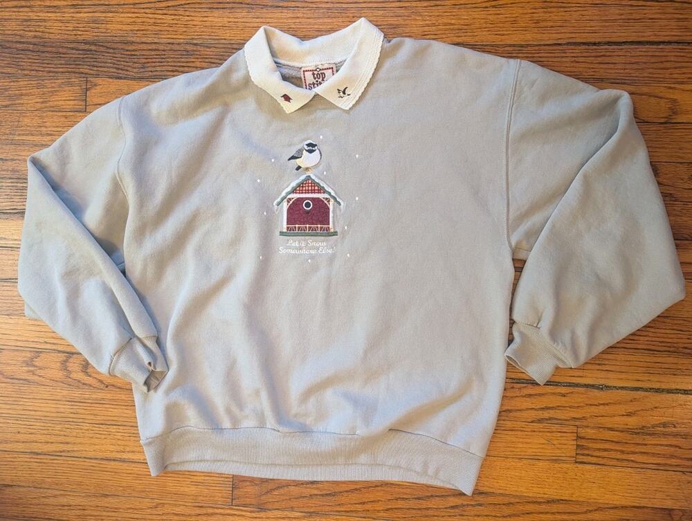 Vintage Birdhouse Topstitch Double Collar Sweatshirt Women's Large Gray